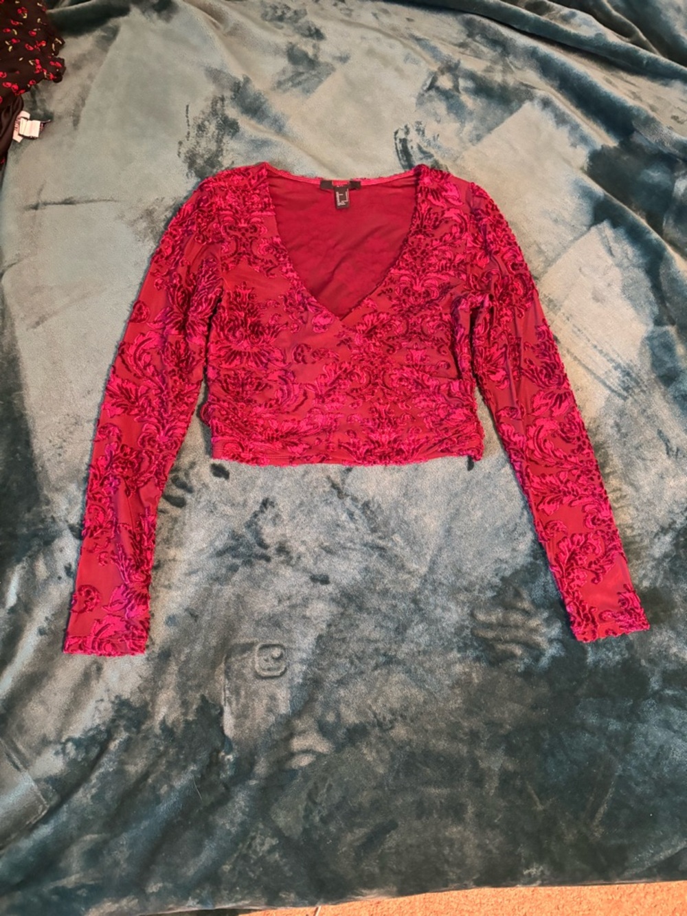 Wine red Velvet Burnout Long Sleeve V-Neck Crop Top